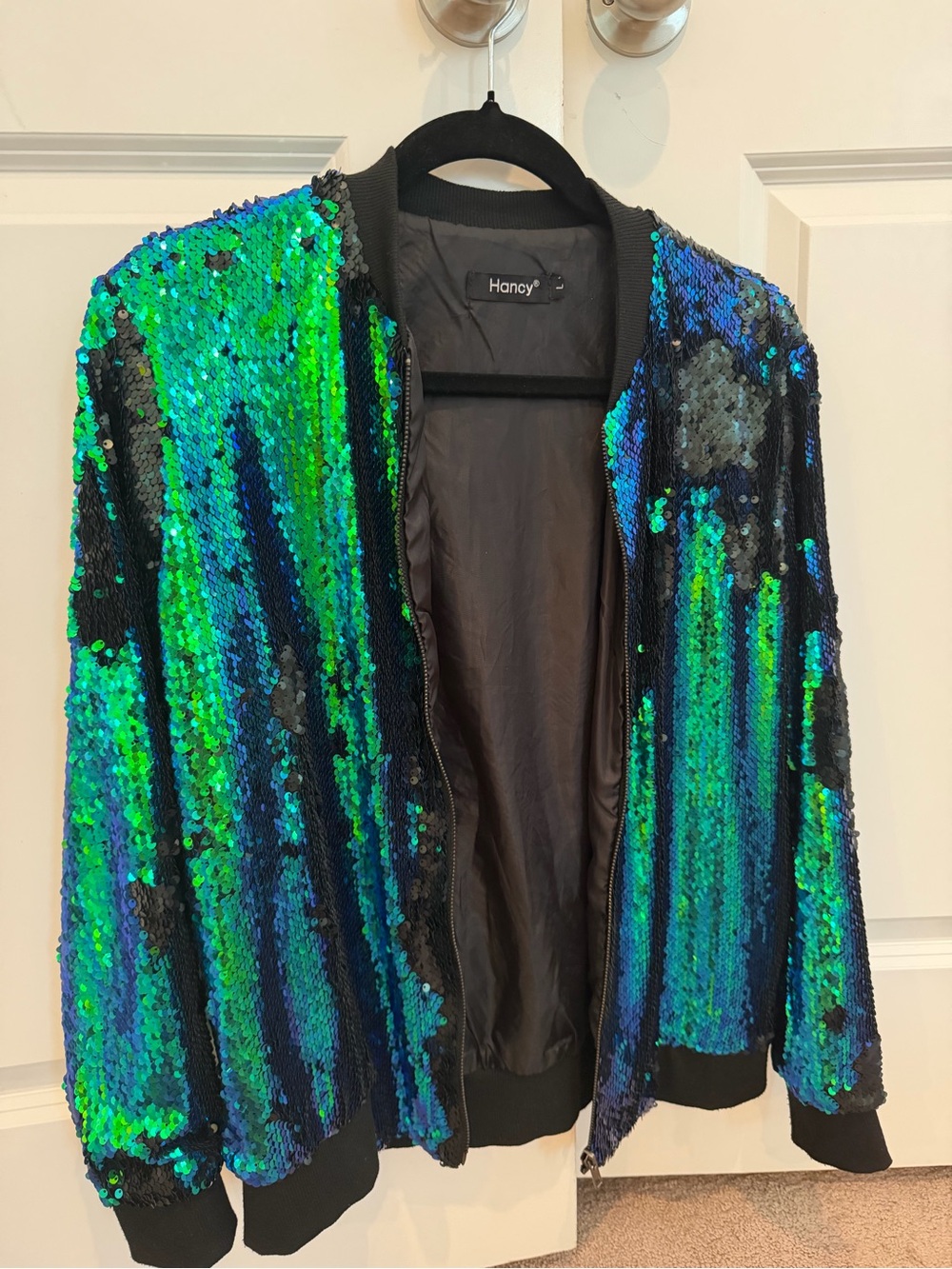 Iridescent Green-Blue Sequin Bomber Jacket